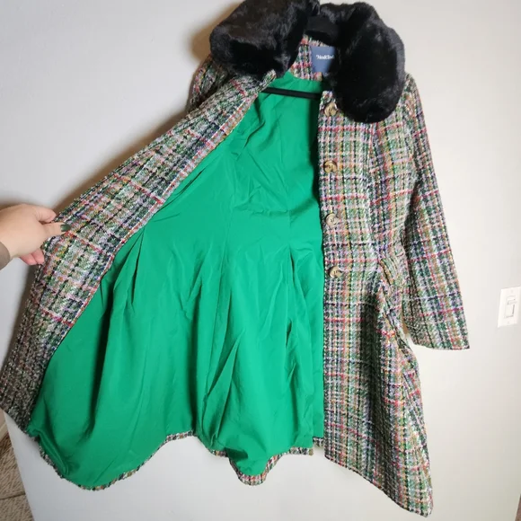 NWT Modcloth Multi Colored Tweed Flare Coat Removable Faux Fur Collar Small - Picture 13 of 16